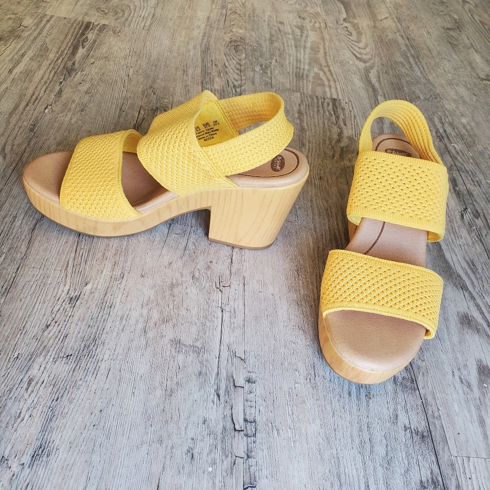 Dr Scholls comfort platform sandals yellow elastic fabric wooden heel Size 7.5